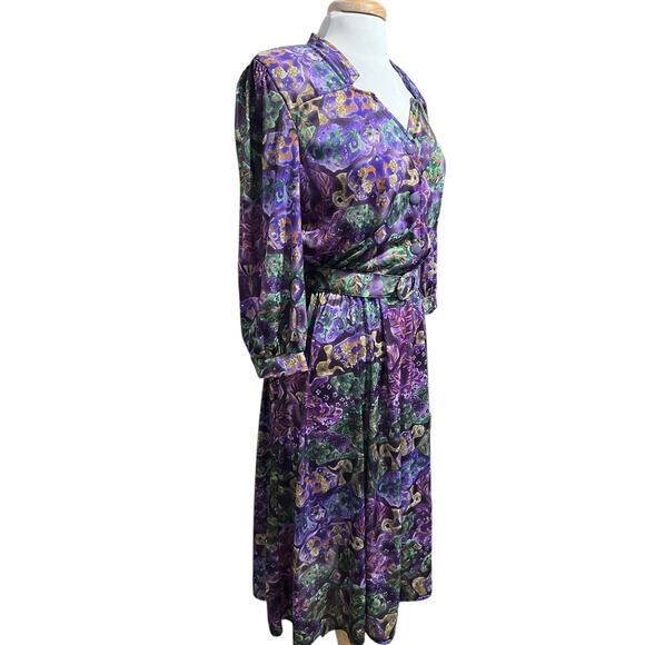 VTG USA Tabby of California Purple Green Abstract Floral Satin Midi Dress 14 - Picture 2 of 9